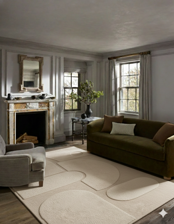 Modern Geometric Hand Tufted Wool & Tencel Area Rug – Beige Abstract Contemporary Carpet | KW10004