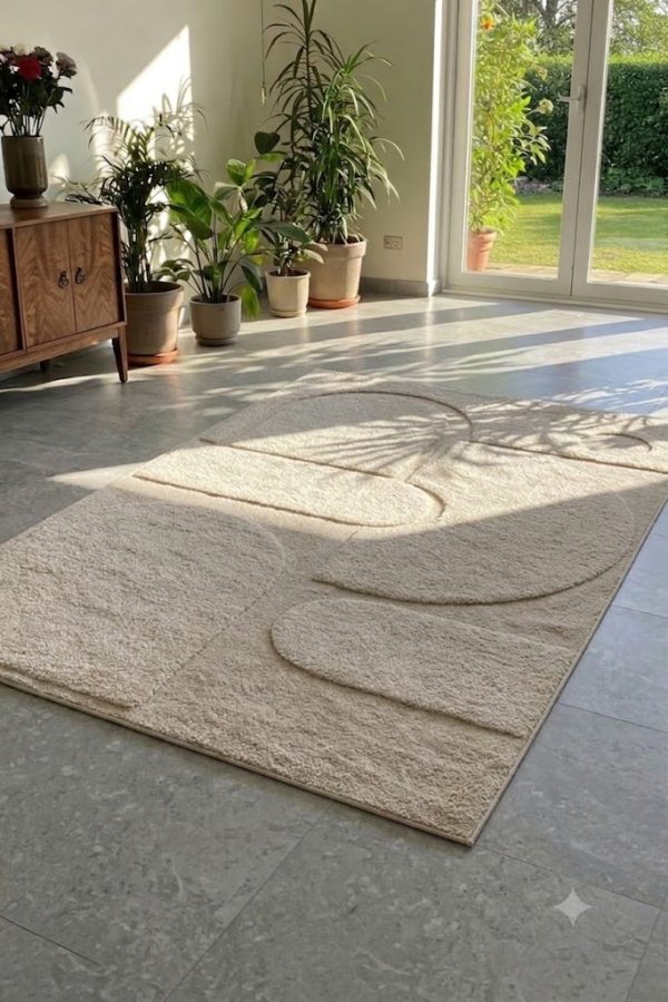 Modern Geometric Hand Tufted Wool & Tencel Area Rug – Beige Abstract Contemporary Carpet | KW10004