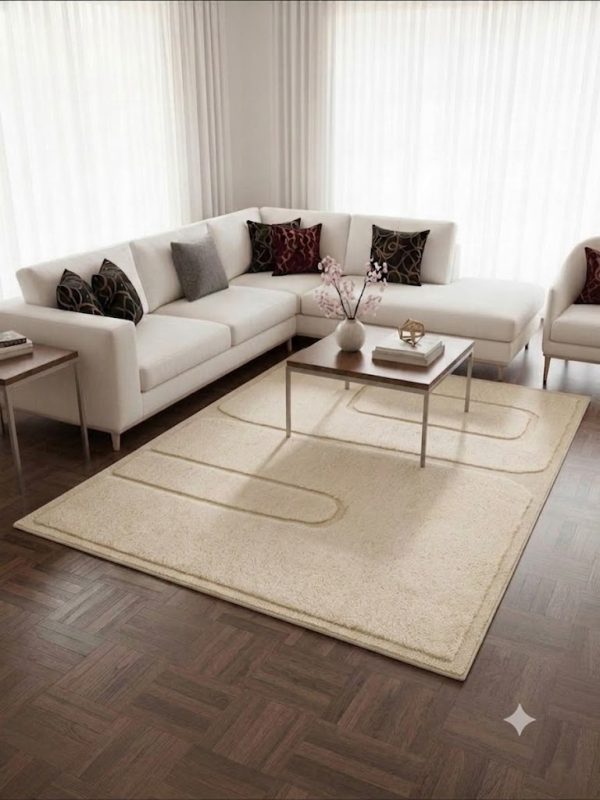Modern Minimalist Hand Tufted Wool & Tencel Area Rug – Ivory Geometric Contemporary Carpet | KW10005