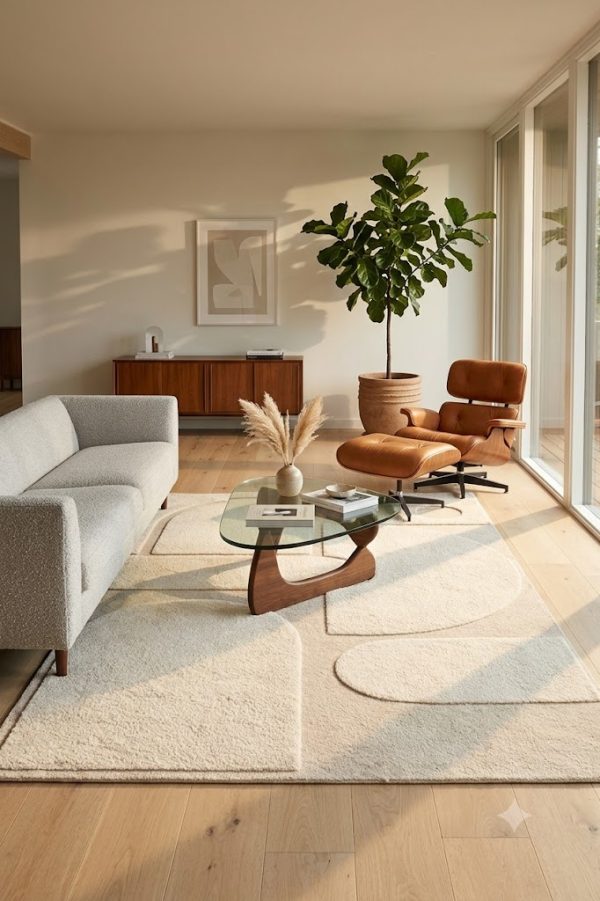 Modern Geometric Hand Tufted Wool & Tencel Area Rug – Beige Abstract Contemporary Carpet | KW10004