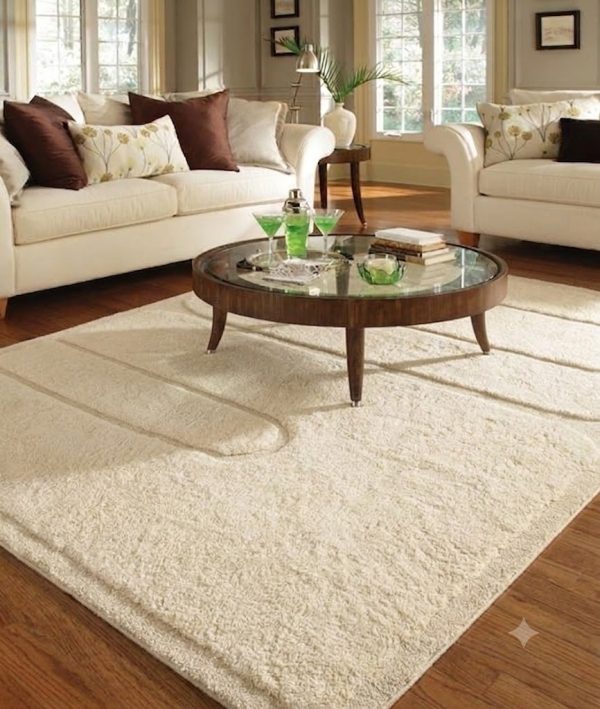 Modern Minimalist Hand Tufted Wool & Tencel Area Rug – Ivory Geometric Contemporary Carpet | KW10005